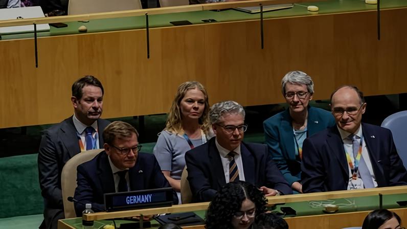 Germany's minister for foreign affairs, Johann Wadephul, centre-left, at the UN vote in New York. He described the failure to win a seat as a ‘bitter defeat’. Photograph: Bianca Otero/Zuma Press Wire/Shutterstock