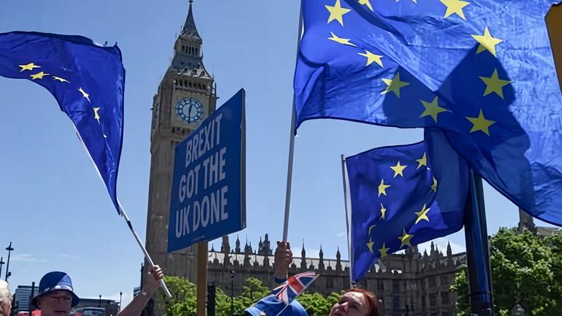 Activists hold EU flags during the weekly anti-Brexit and pro-EU protest in London’s Parliament Square this week, calling on the UK government to rejoin the EU.