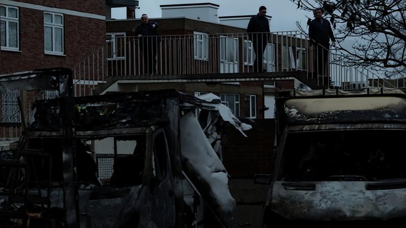 The scene of an antisemitic arson attack in Golders Green, north London, in March, an incident where volunteer ambulances run by a Jewish organisation were set on fire.