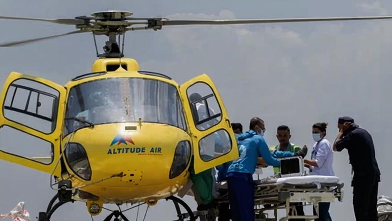 Nepalese guide Hillary Dawa Sherpa is airlifted to hospital in Kathmandu, Nepal, after being found alive at Everest base camp nearly a week after he went missing.