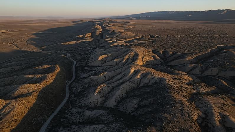Aerial view of the San Andreas fault and Elkhorn Scarp south of Carrizo Plain north of New Cuyama, California.