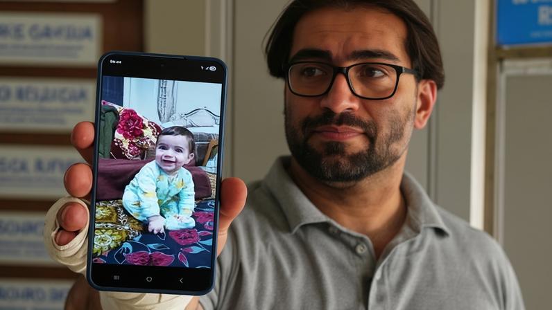 Fahd Abu Haikal shows a photo of his seven-month- old son, Sam, who was killed on Friday when Israeli soldiers fired at their car.