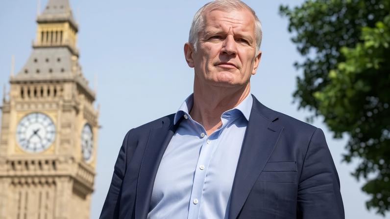 Carns in a grey suit jacket and blue shirt stands outdoors with Big Ben in the background