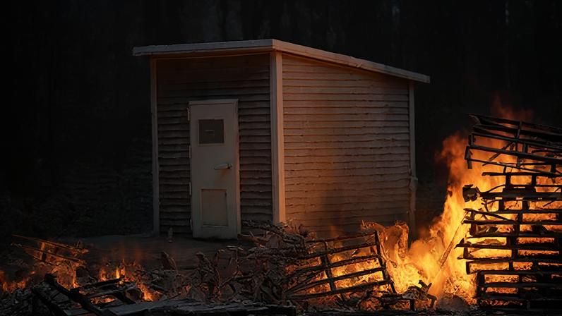 Fort/submitted photo A small grey shed is surrounded by flames, but does not burn
