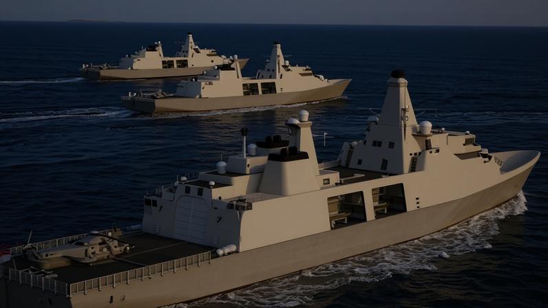 An illustration of Type 31 frigates, five of which are to be built by Babcock for the Royal Navy.