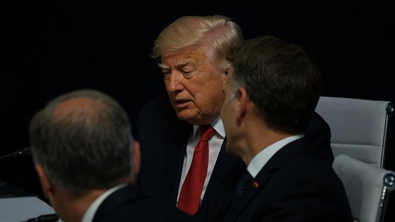 Trump (de gravata vermelha) junto aos líderes de alguns dos países presentes à reunião do G7 – foto: Ludovic Marin/AFP