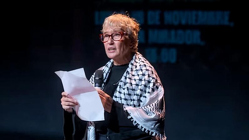 Alicia Armesto, durante el acto 'El genocidio continúa, en la Sala Mirador, en noviembre de 2025, en Madrid.