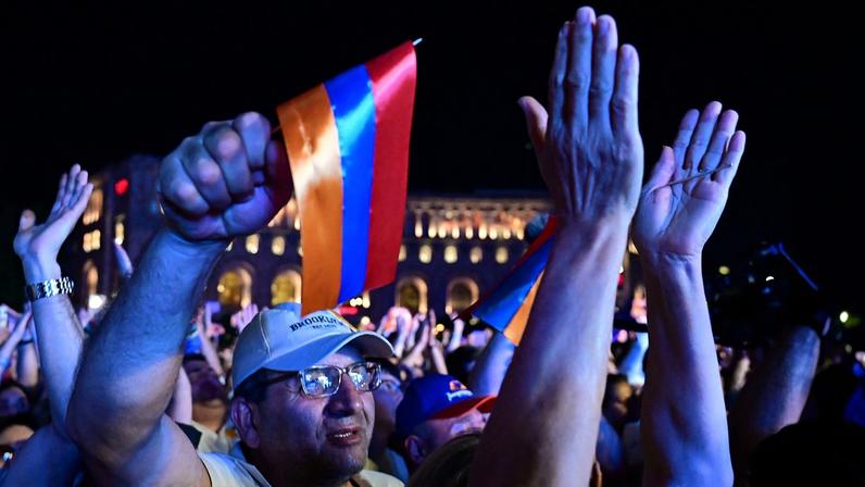 Supporters of Armenian Prime Minister Nikol Pashinyan's Civil Contract party rally in central Yerevan, Armenia, on June 5.