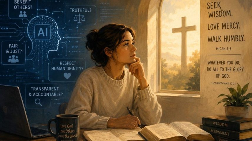An AI-generated image depicts a Christian weighing AI use against Christian values.