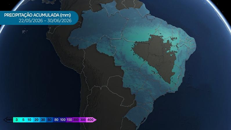 Estimativa do volume de chuva acumulado entre 22 e 30 de junho de 2026, do modelo meteorológico ECMWF