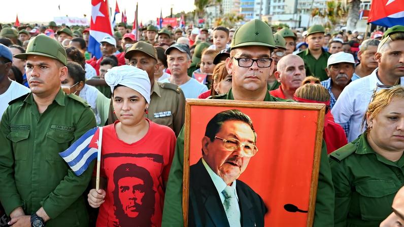 People attend a rally in support of former Cuban President Raúl Castro outside the U.S. Embassy in Havana on May 22.