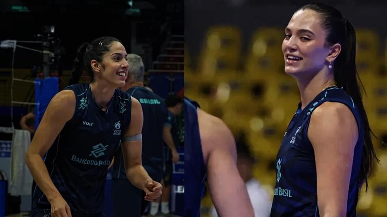 Diana e Julia Kudiess em treino da Seleção na véspera da VNL (Fotos: Andressa Simões/ Lance! e Divulgação/ CBV)