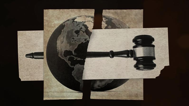An abstract artistic collage with a grainy texture, set against a solid orange background. The central image features a monochrome depiction of a globe showing North and South America, which is torn vertically down the middle into two separate paper pieces. Layered horizontally across the center of the globe are two overlapping, white rectangular paper cutouts. A black legal gavel rests horizontally on top of these white strips, with its handle extending to the left and its head positioned on the right.
