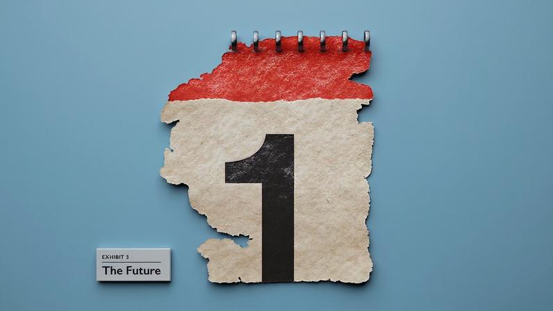 A studio shot of an artifact displayed against a solid light-blue background. The artifact is a single, heavily torn page from a daily desk calendar, attached to a metal ring binding at the top. The top section of the paper is textured red, while the main body is off-white and features a large, slightly distressed black number "1" in the center. The edges of the paper are jagged and missing large pieces. To the lower left of the calendar page sits a small white block with a label that reads "EXHIBIT 5: The Future".