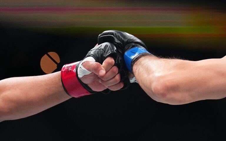 A detailed view of fight gloves during the UFC 313 event at T-Mobile Arena on March 08, 2025 in Las Vegas, Nevada. (Photo by Chris Unger/Zuffa LLC)