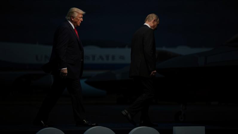 U.S. President Donald Trump and Russian President Vladimir Putin arrive at Joint Base Elmendorf-Richardson in Anchorage, Alaska, on Aug. 15, 2025.