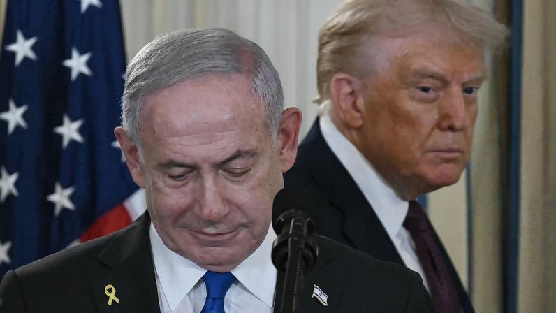 U.S. President Donald Trump and Israeli Prime Minister Benjamin Netanyahu arrive for a press conference in the State Dining Room of the White House in Washington on Sept. 29, 2025.