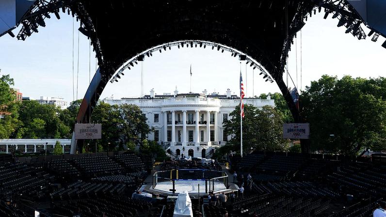 A structure known as “The Claw” is seen on the White House’s South Lawn during a media preview in Washington on June 11. The structure was built for the upcoming Ultimate Fighting Championship match that U.S. President Donald Trump will host as part of the 250th anniversary of the United States.