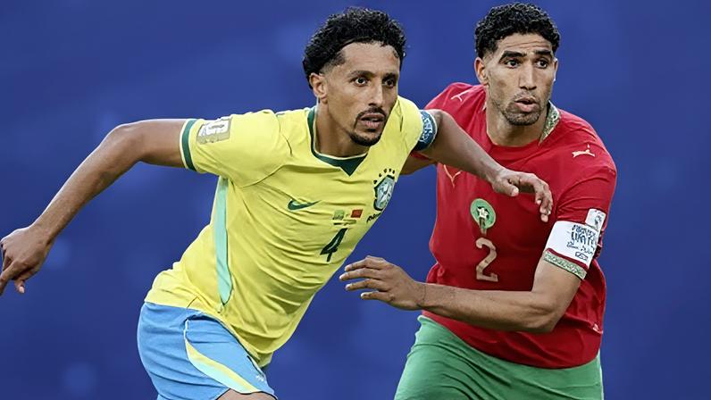 Marquinhos e Achraf Hakimi disputando espaço depois de uma cobrança de escanteio em Brasil x Marrocos pela Copa do Mundo