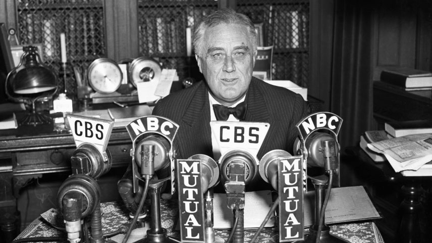 President Franklin D. Roosevelt as he spoke during a radio broadcast from his home in Hyde Park, New York, on Nov. 4, 1938.