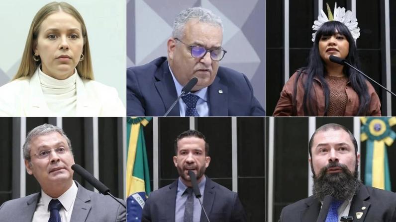 Os deputados e deputadas Erika Hilton, Alfredo Gaspar, Célia Xakriabá, Lindbergh Farias, André Janones e Paulo Bilynskyj. Fotos: Vinicius Loures, Kayo Magalhães e Bruno Spada/Câmara dos Deputados