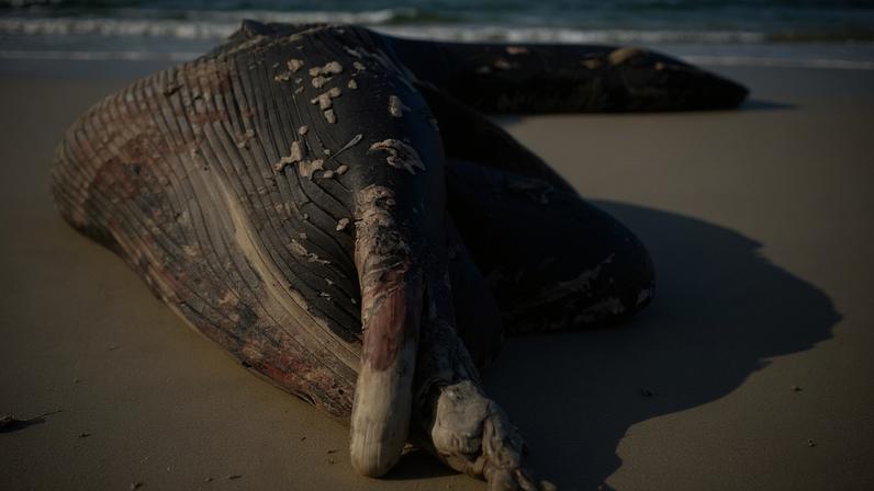 A stranded Bryde’s whale at Dyer Island. The 90-degree bend of the body suggests broken vertebrae as a result of a ship strike, according to Loraine Shuttleworth. Image courtesy of Loraine Shuttleworth/Dyer Island Conservation Trust.