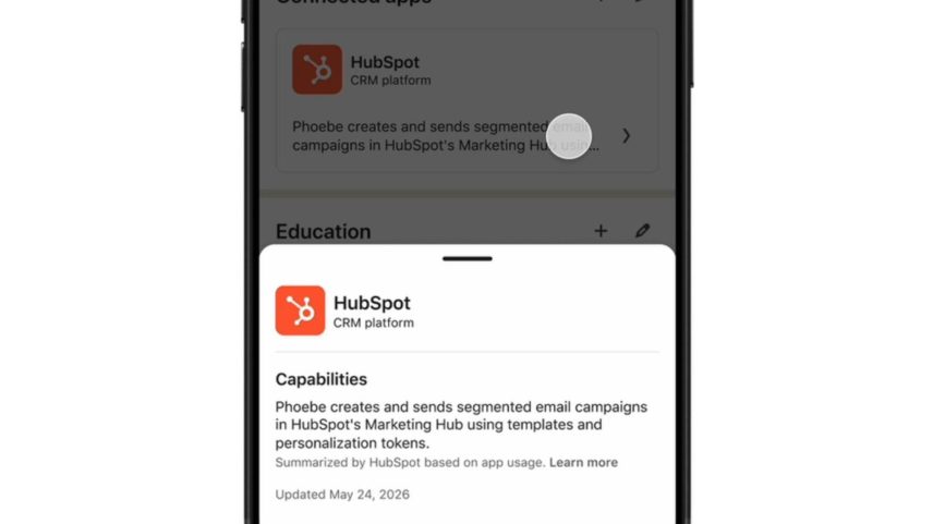 LinkedIn’s new connected apps feature, showing a description of how someone uses HubSpot.