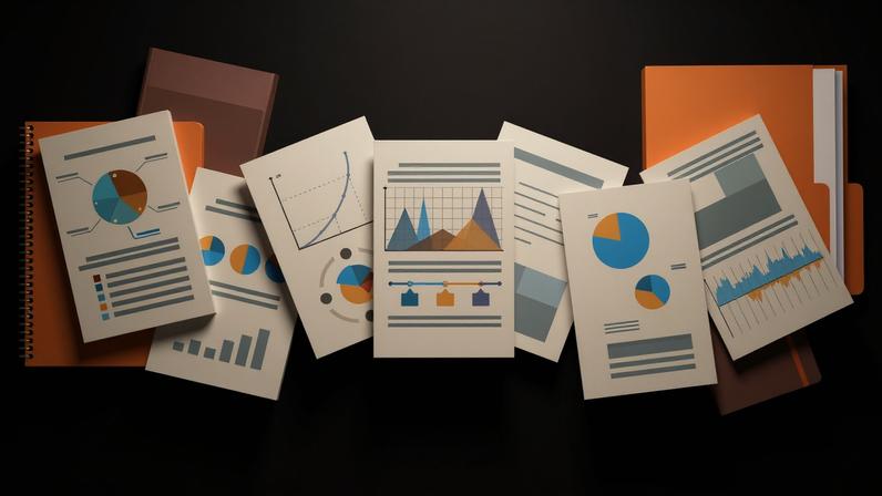 Documents with various charts on futuristic database-style background.