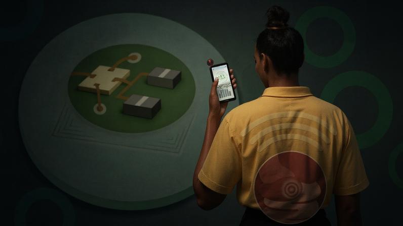 A figure looks at her phone which has sensor data. A tiny sensor is in her intestine. In background is a large illustration of the blueberry-shaped sensor with chips and circuits.