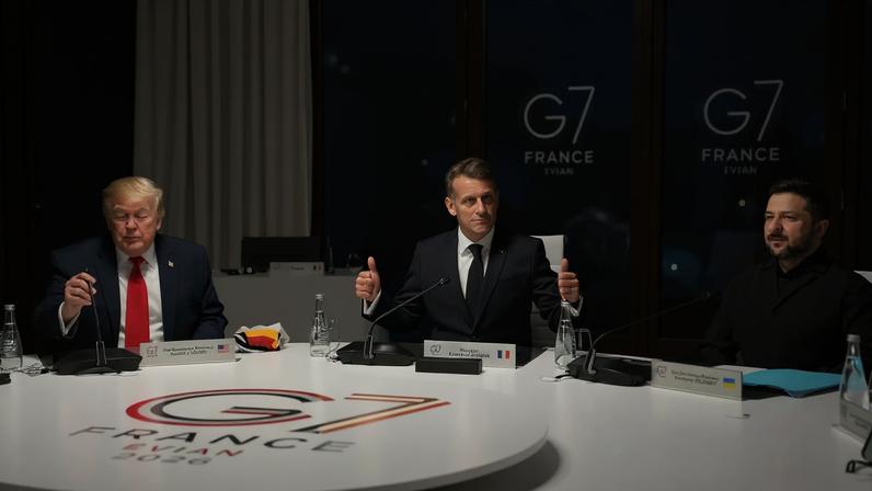 U.S. President Donald Trump, France's President Emmanuel Macron and Ukraine's President Volodymyr Zelensky at the G-7 summit on June 16, 2026.