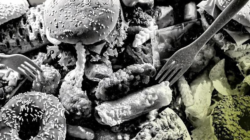 Imagem de alimentos ultraprocessados. Vê-se dois garfos espetando hambúrgueres e roscas com granulados.