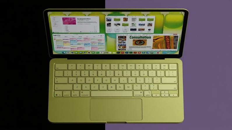 Um laptop amarelo-limão aberto, visto de cima, com várias janelas de aplicativos abertas na tela, incluindo um calendário e uma página de consulta. O teclado e o trackpad são da mesma cor do corpo do laptop. O fundo é dividido verticalmente em preto e lilás.