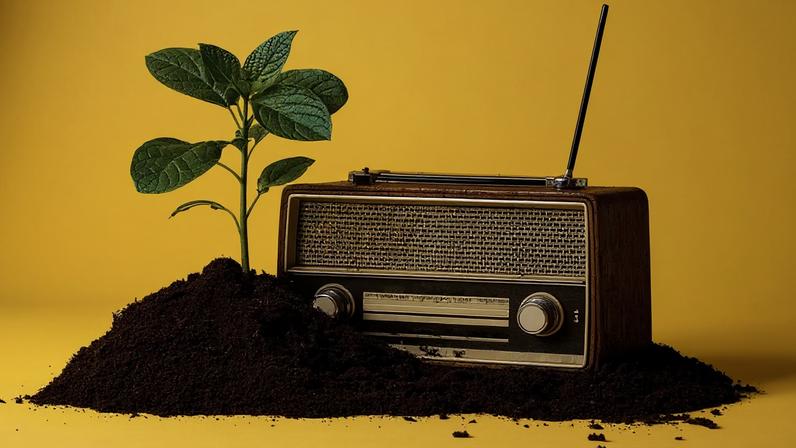 Um rádio antigo de madeira marrom com antena e botões prateados, parcialmente enterrado em um monte de terra escura. Ao lado, um broto verde com folhas vibrantes cresce da mesma terra, em um fundo amarelo.