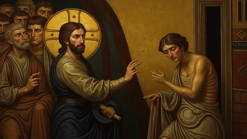 Mosaico bizantino de Jesus com auréola dourada, vestindo túnica azul, estendendo a mão direita para um homem doente com manchas escuras na pele, que aponta para si. Outros homens observam atrás de Jesus. Jesus curando o leproso.