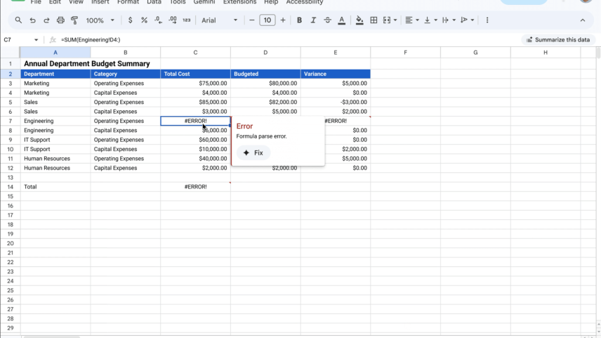 Gemini AI corrige fórmulas quebradas no Google Sheets agora
