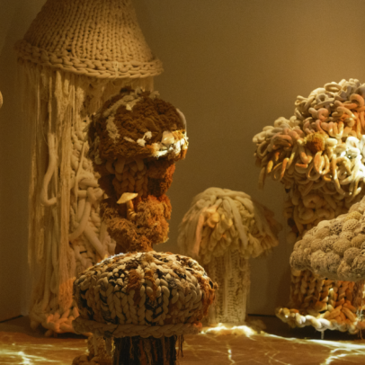 Mostra gratuita em São Paulo reúne cogumelos gigantes de tricô