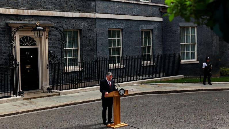 British Prime Minister Keir Starmer delivers his resignation speech outside No. 10 Downing St. in London on June 22.