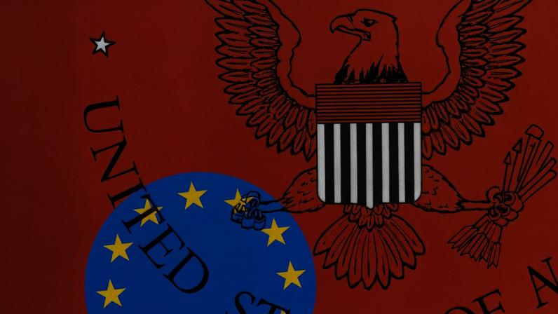 A graphic illustration combining elements of the seal of the U.S. State Department States and the flag of the European Union. An bald eagle with a striped shield over its chest is superimposed over a red background with text that partially reads "UNITED STATES OF". A blue circle featuring a ring of yellow stars sits near the eagle's talons.