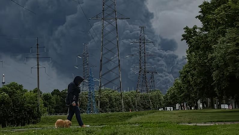 Una mujer pasea a su perro con el incendio de la planta de refinado de Moscú de fondo