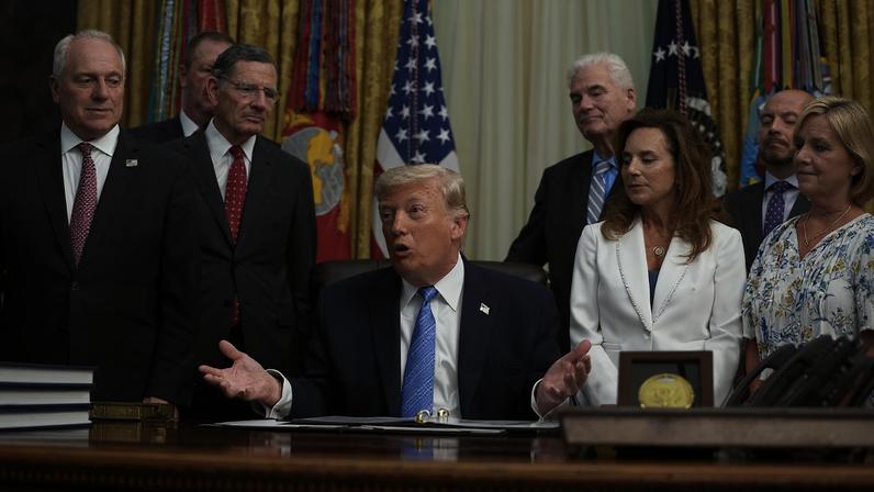 U.S. President Donald Trump speaks during a signing ceremony in the Oval Office of the White House. His hands are both raised in gesture.