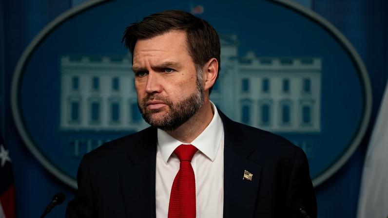 U.S. Vice President J.D. Vance is seen speaking at the White House.