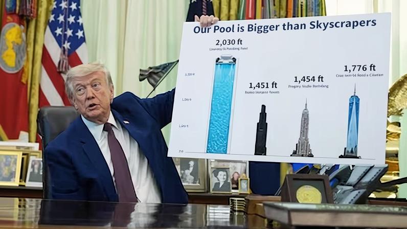 Trump muestra el miércoles pasado en el Despacho Oval un gráfico que compara la longitud del estanque del monumento a Lincoln con la altura de rascacielos emblemáticos.
