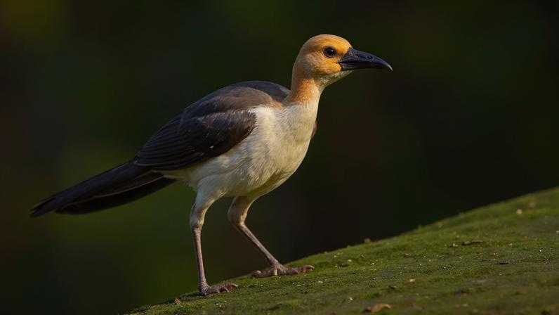 A white-necked picathartes (Picathartes gymnocephalus). These curious-looking birds frequent boulder-strewn parts of the rainforest, building their nests on stone walls of overhangs and caves.