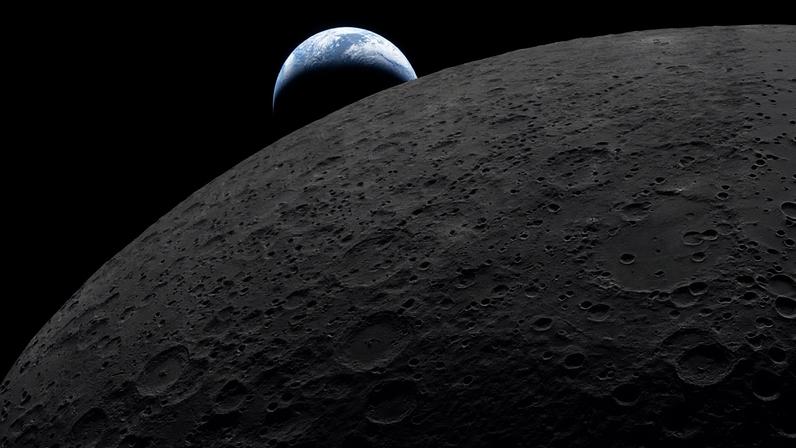 Earth sets behind the moon as seen from the Artemis II Orion spacecraft.