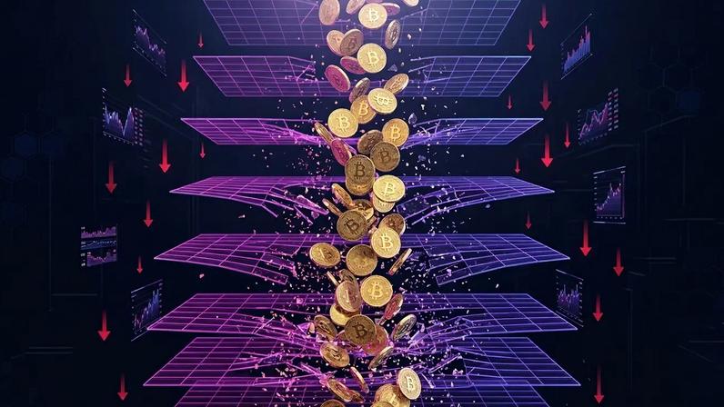 Bitcoin liquidation cascade visualization with falling coins through purple gradient grid layers
