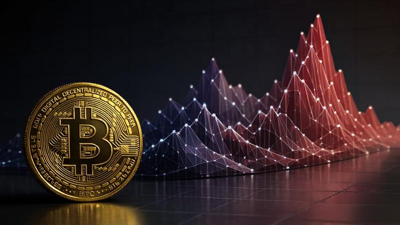 Bitcoin coin with 3D volatility graph showing market fluctuations in purple and magenta gradient