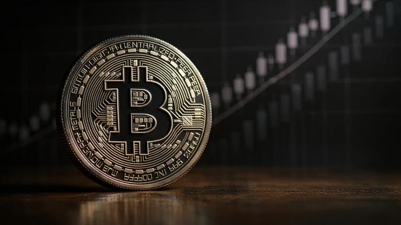 Bitcoin coin with purple gradient and grid overlay representing price surge and market volatility