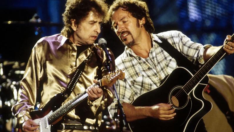 Bob Dylan and Bruce Springsteen perform "Forever Young" at the Concert for the Rock & Roll Hall of Fame in 1995.
