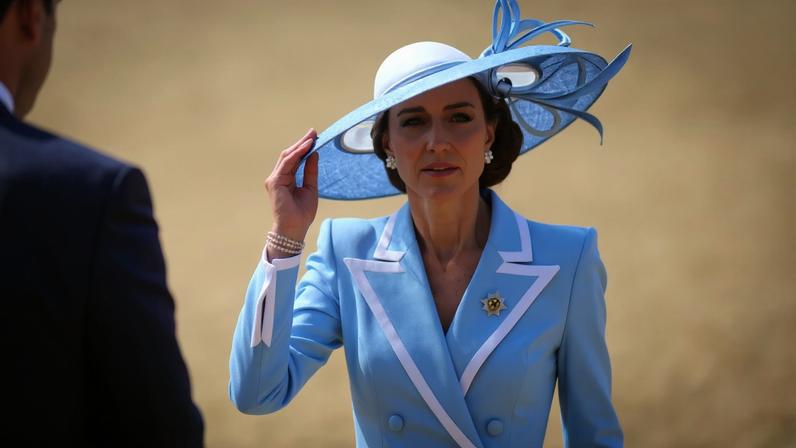 Kate Middleton wore a powder blue outfit to Trooping the Colour Saturday, as seen above.