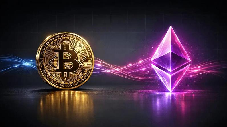 Bitcoin and Ethereum connected by digital network representing Circle's cirBTC tokenized Bitcoin launch
